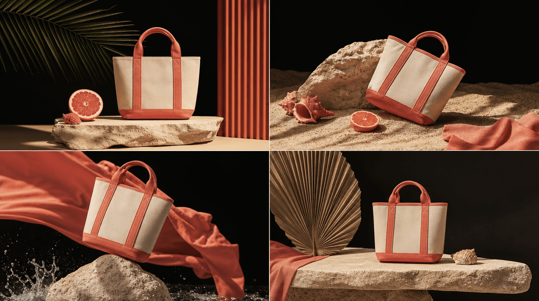 Four coordinated miniature summer product stages arranged as an editorial campaign series, each using cream canvas, cora