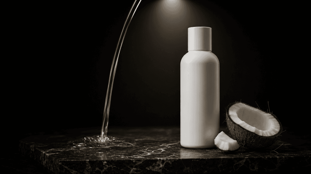 Time-frozen macro moment: a thin arc of pure coconut oil pours from above and lands on a dark marble slab beside a minim