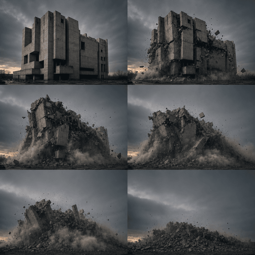 Brutalist concrete structure deconstructing frame by frame, realistic physics, professional color grading, dark elegant 