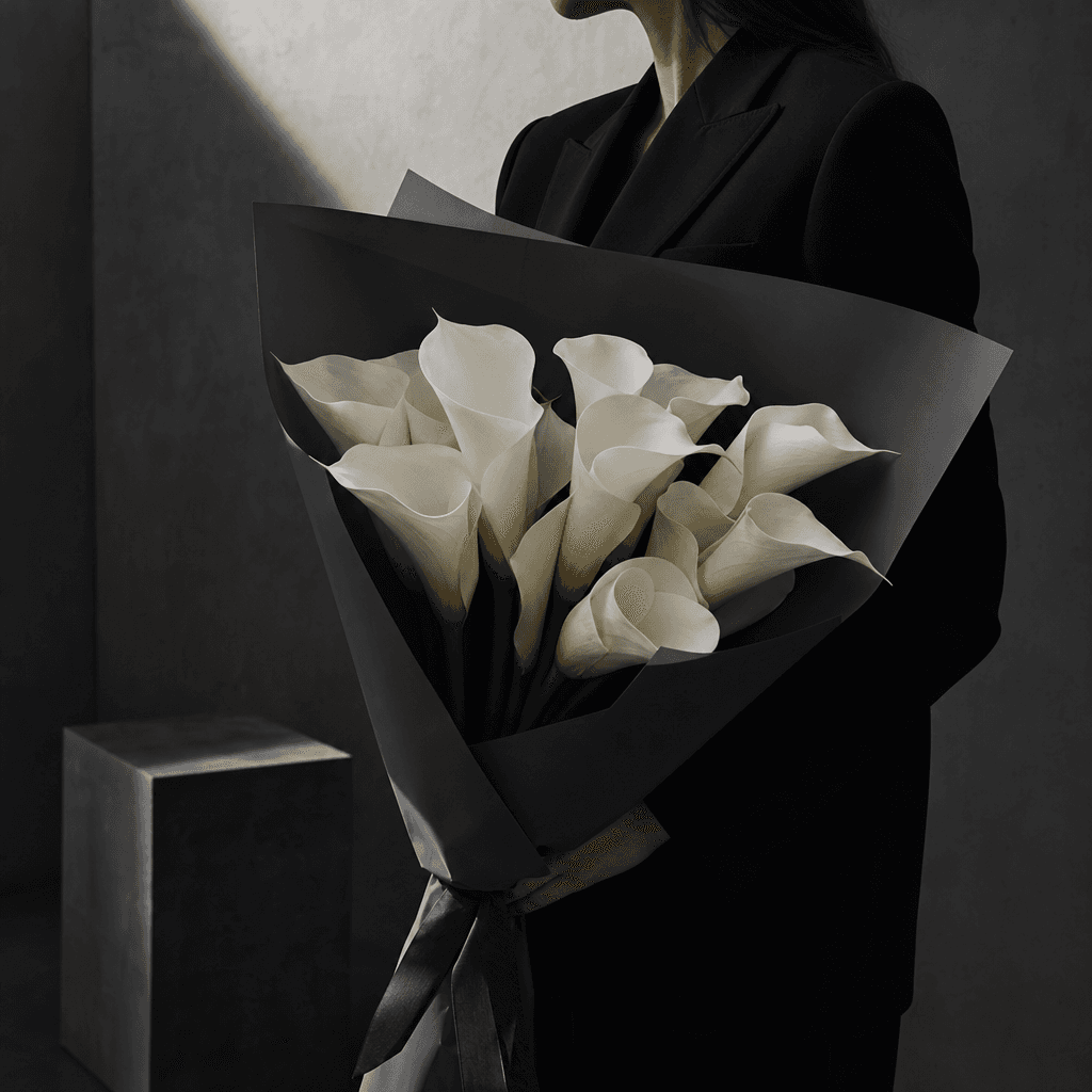 A modern white calla lily bouquet wrapped in matte charcoal paper, carried by an anonymous model wearing a sharply tailo