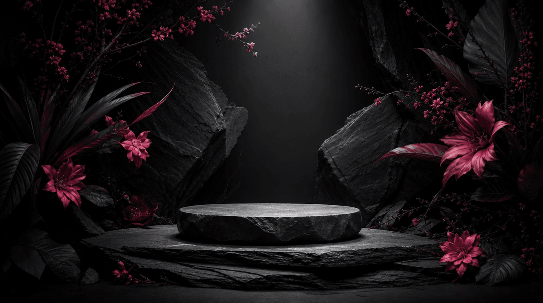 An abstract product pedestal emerging from layered black stone, with a single concentrated spotlight defining the centra