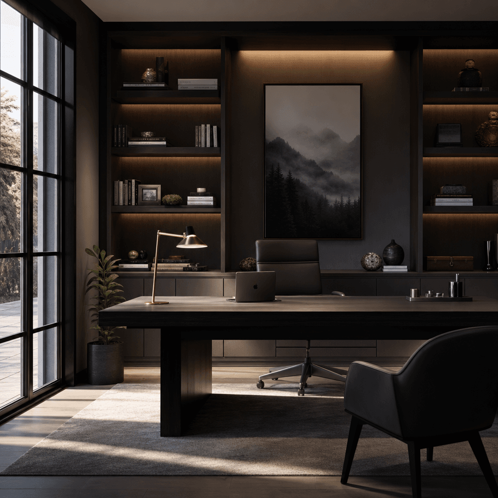 Photorealistic 3D render of a contemporary home office interior, dark editorial mood, built-in shelving with warm ambien