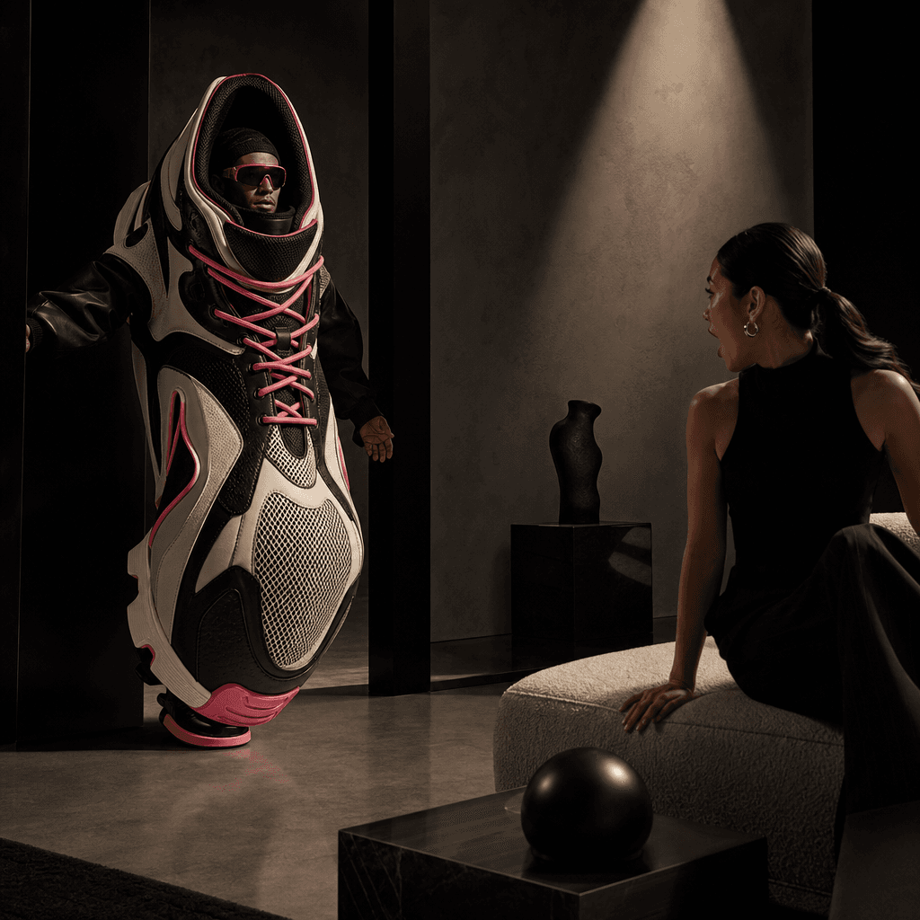 A playful product reveal featuring an abstract adult man dressed as an oversized sculptural sneaker, entering a minimal 