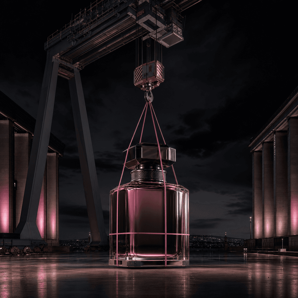 A luxury perfume bottle delivered by a monumental industrial crane into a pristine nighttime plaza, tiny packaging strap
