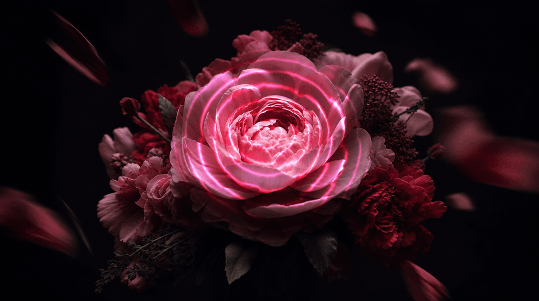A single premium bouquet emerging from darkness as concentric hot pink light rings travel across petals like an incoming