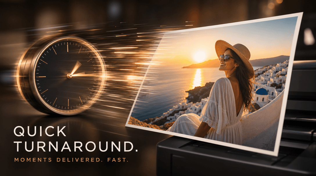 An atmospheric scene representing quick turnaround, showing a clock and a beautiful lifestyle photo emerging simultaneou
