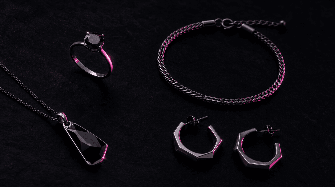 Abstract overhead arrangement of four different jewelry pieces — a ring, a bracelet, a pendant, a pair of earrings — on 