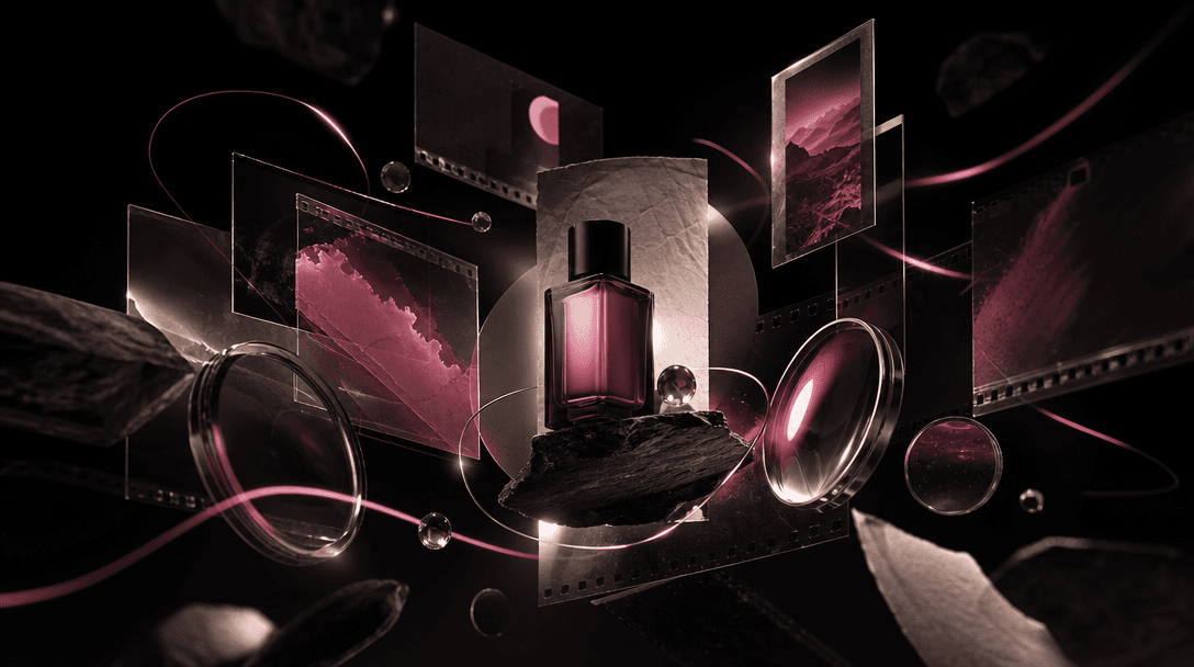 An abstract constellation of cinematic frames represented by floating physical film plates, lenses, textured paper, and 