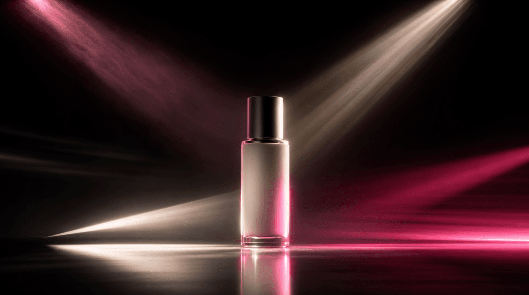Four distinct beams of cinematic light converging on a single unbranded beauty bottle, each beam revealing a different m