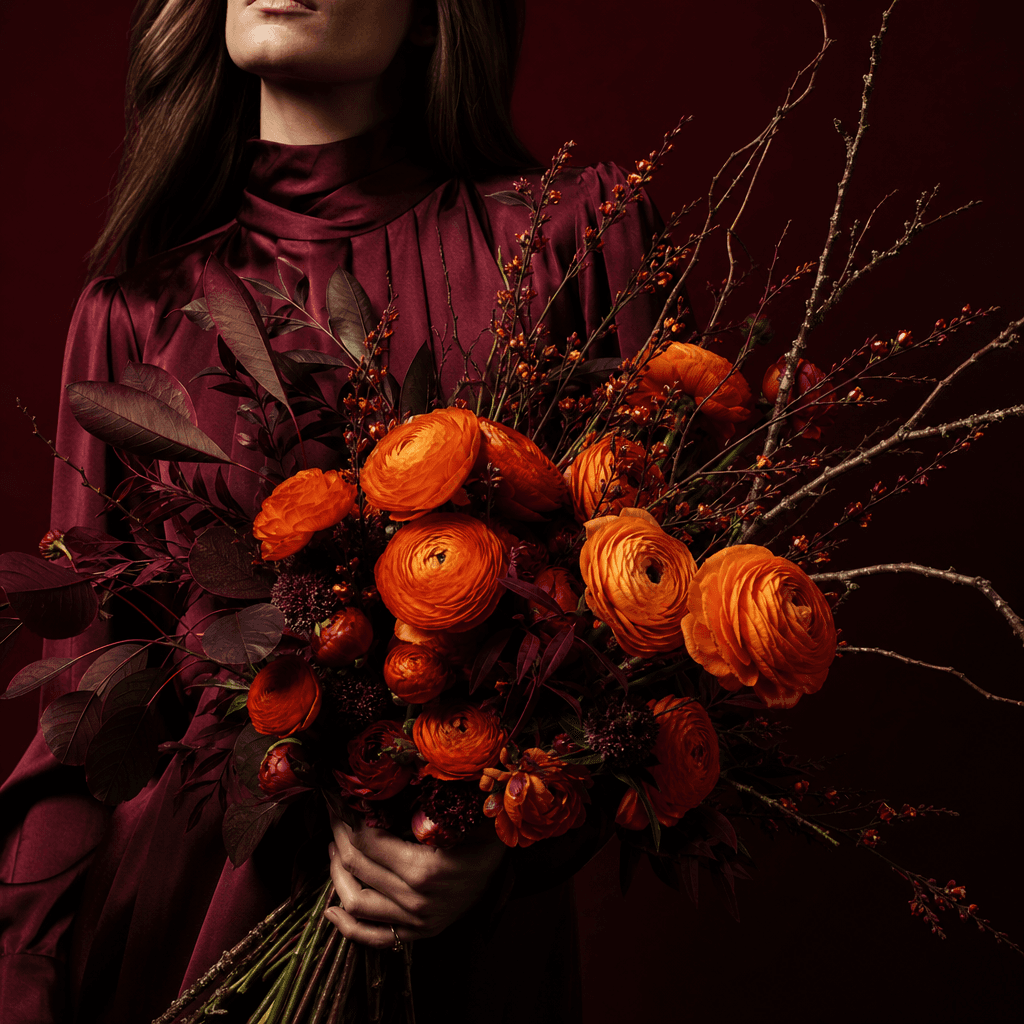 A bold seasonal bouquet of orange ranunculus, burgundy foliage, and sculptural branches held against a dark oxblood stud