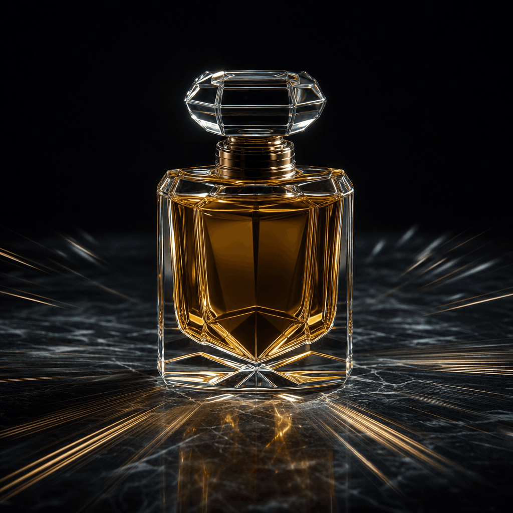 A single luxury perfume bottle centered on a dark polished stone surface, fine motion streak lines radiating outward fro