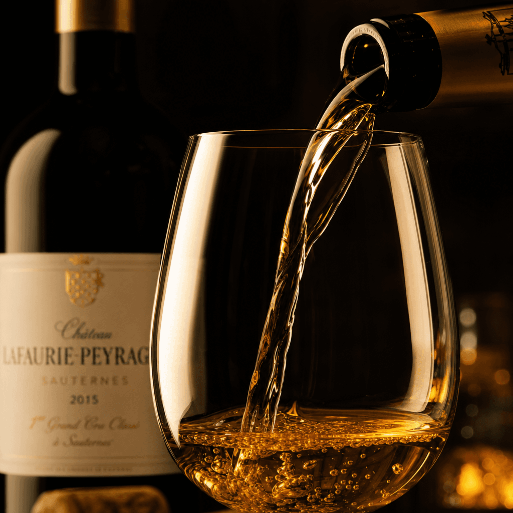 Premium wine bottle and glass pairing. Close-up detail of wine being poured into elegant glass, warm golden amber light 