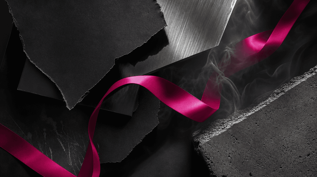 A curated arrangement of torn black paper, brushed metal, translucent smoke, coarse concrete, and one vivid hot pink rib