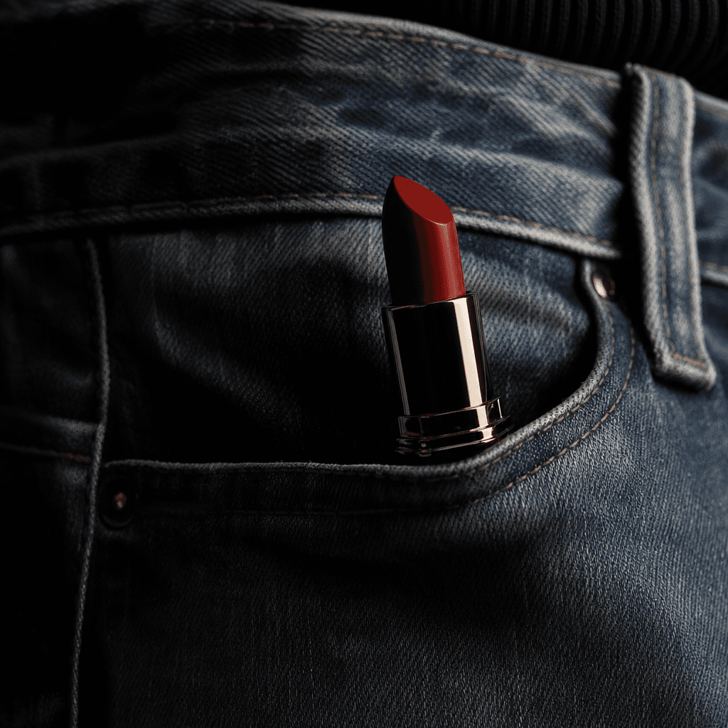 A sculptural lipstick tube emerging from a faded blue denim pocket, believable scale and natural fabric folds, rich red 