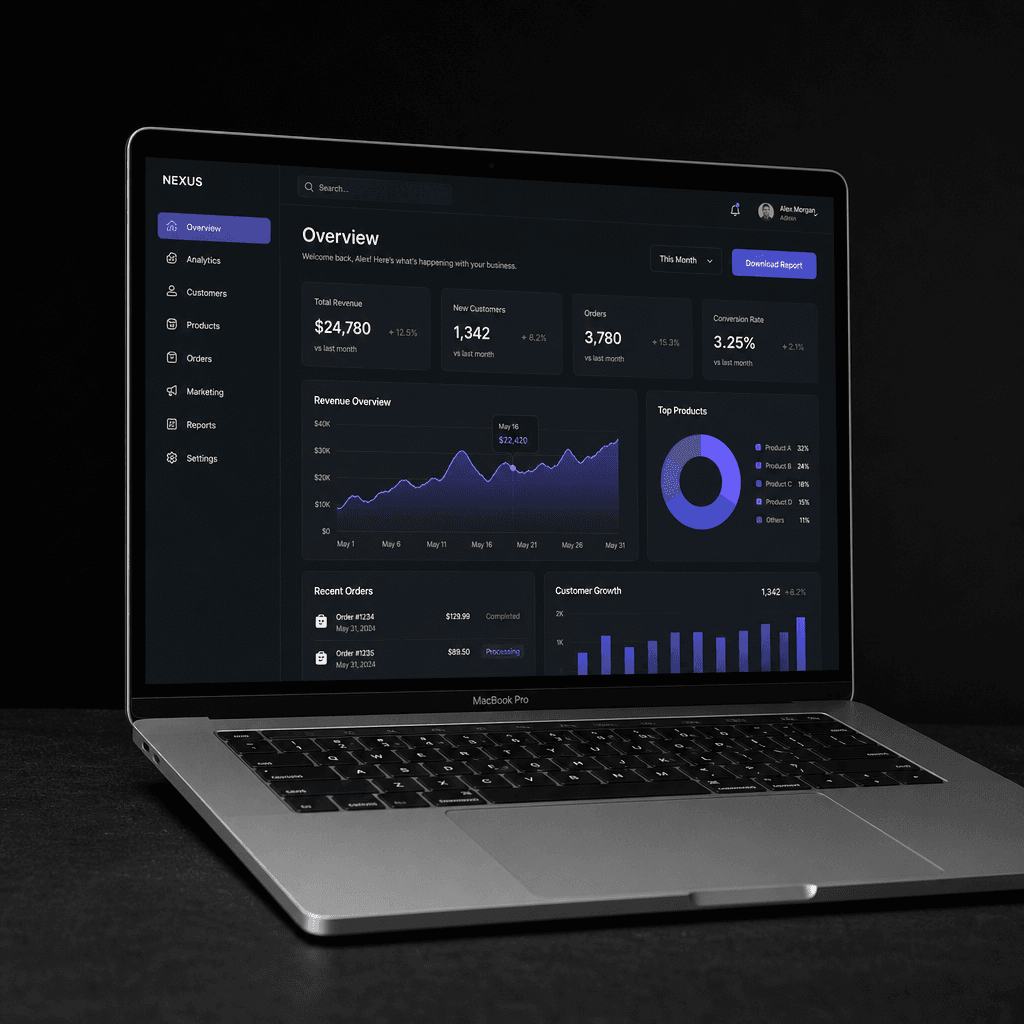 Apple MacBook Pro laptop at slight angle on dark surface, displaying polished web dashboard with data visualization. Dra