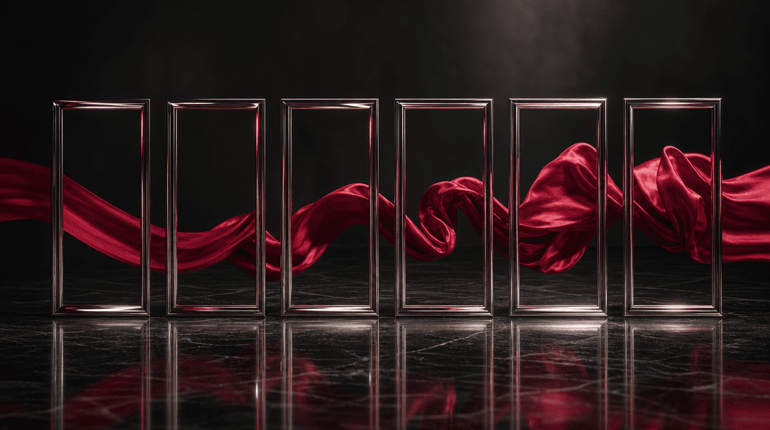Six identical polished metal frames aligned with perfect visual continuity, each reflecting the same flowing crimson sil