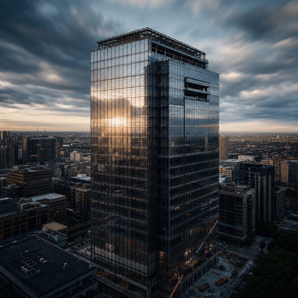Square format aerial view of a glass-and-steel office tower at near-completion, fast-moving clouds behind, facade panels