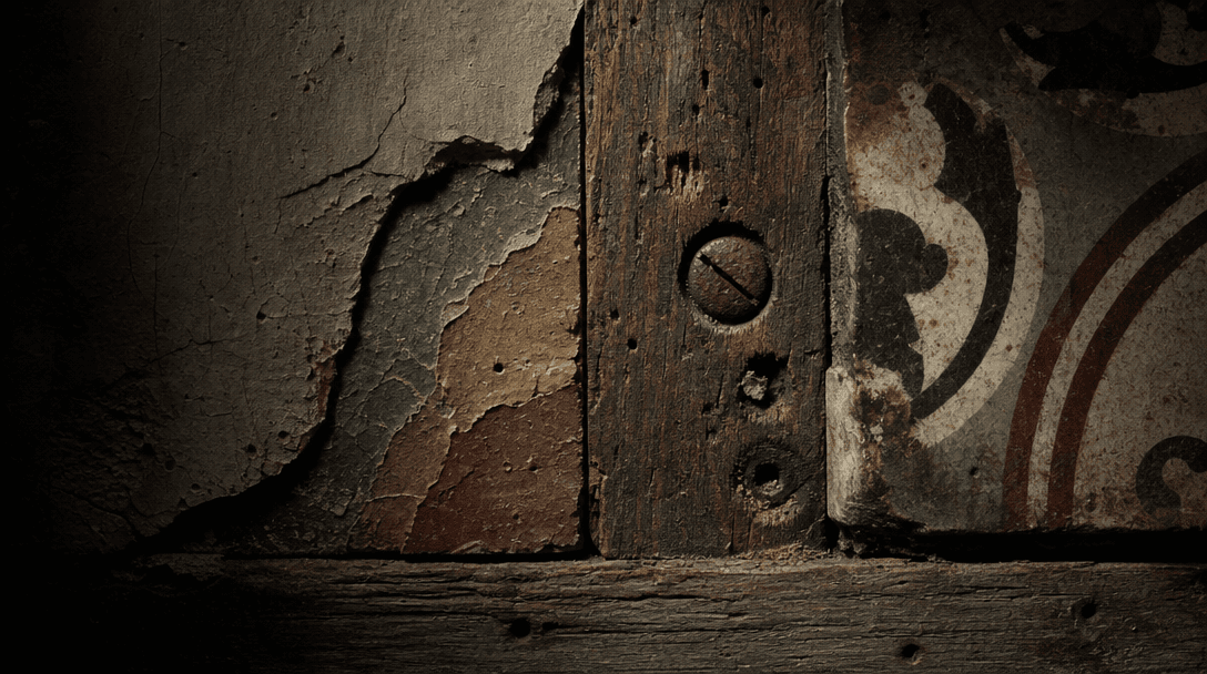 Abstract macro study of layered interior materials — cracked plaster revealing earlier paint strata beneath, worn timber