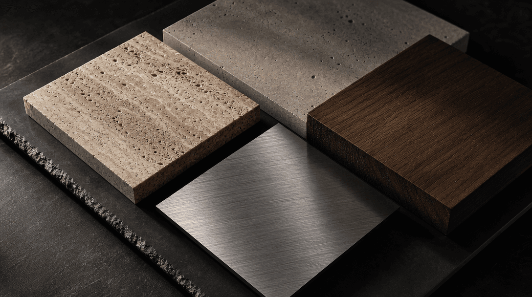 Abstract architectural material palette study — textured travertine stone, brushed steel, raw concrete, and warm smoked 