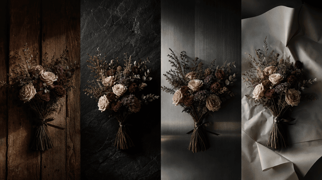 A single bouquet photographed across an atmospheric sequence of physical campaign surfaces: weathered wood, dark stone, 