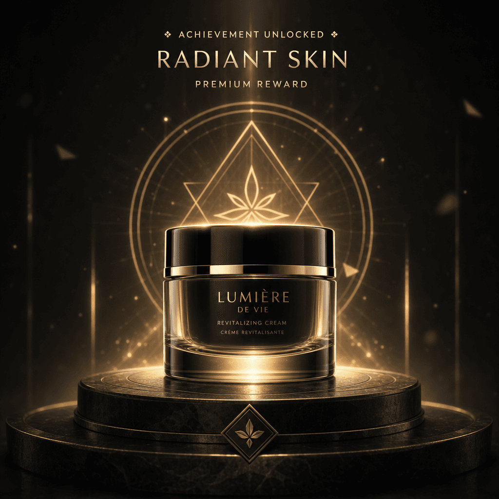 Premium skincare product jar centered as game reward, moody dark background, soft golden rim light on the product, abstr