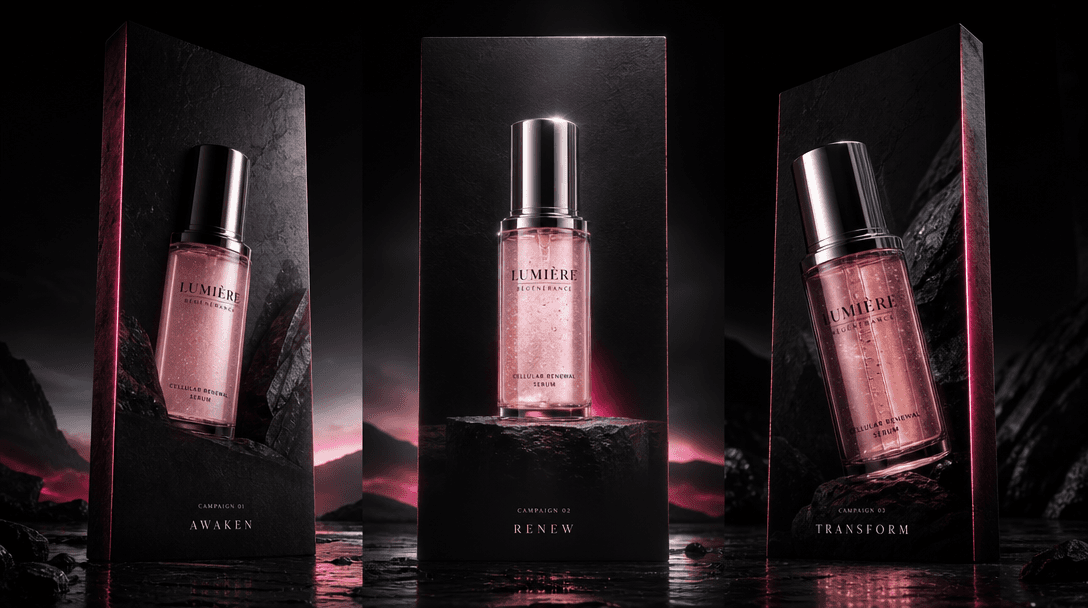Three monolithic vertical slabs framing one luminous cosmetic bottle from complementary angles, suggesting three connect