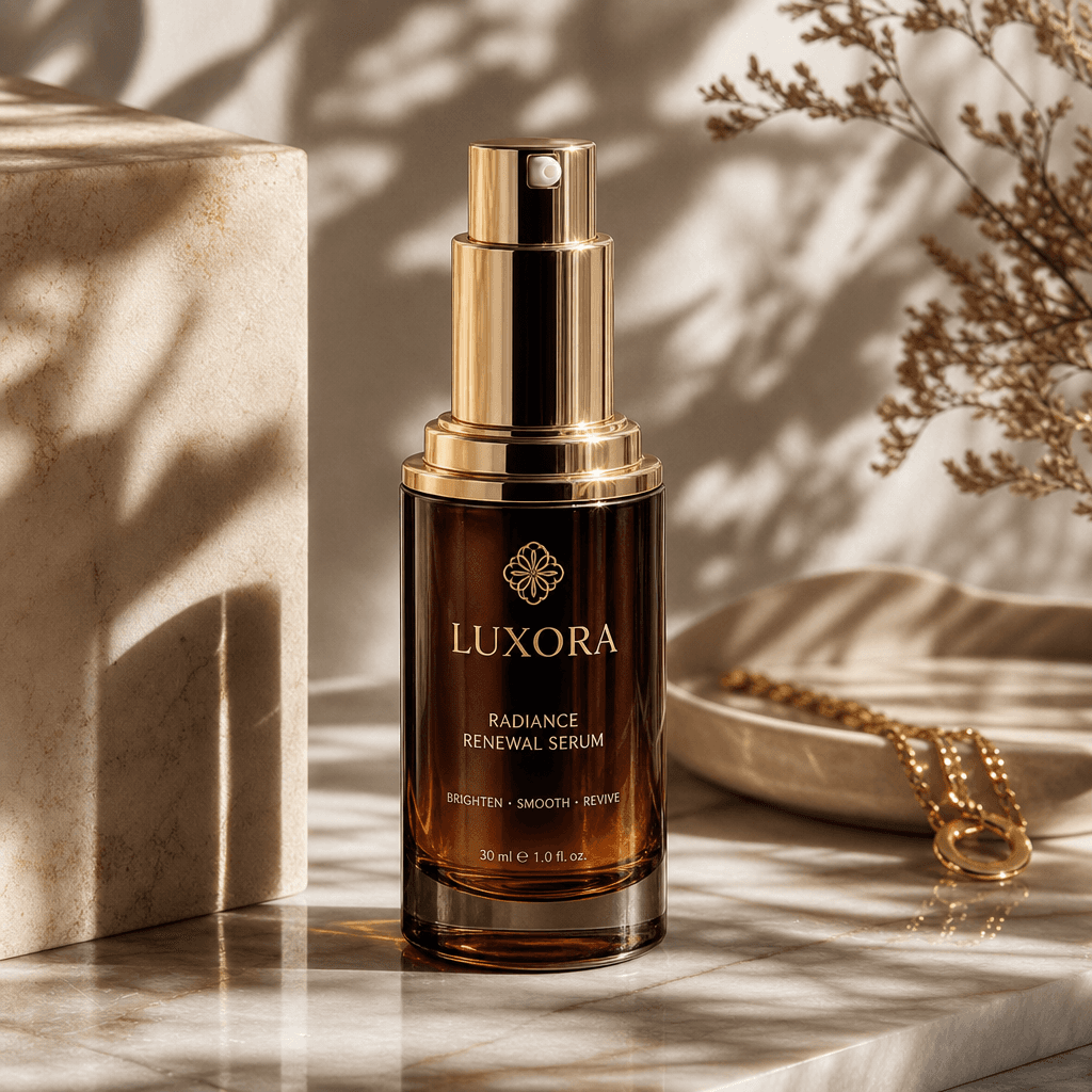 A high-quality studio product shot of a beauty serum with intricate shadows playing across the surface, highlighting its
