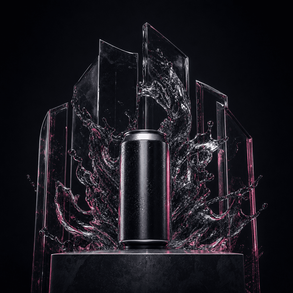 A polished beverage can on a monolithic pedestal while a frozen splash becomes monumental glass architecture around it, 