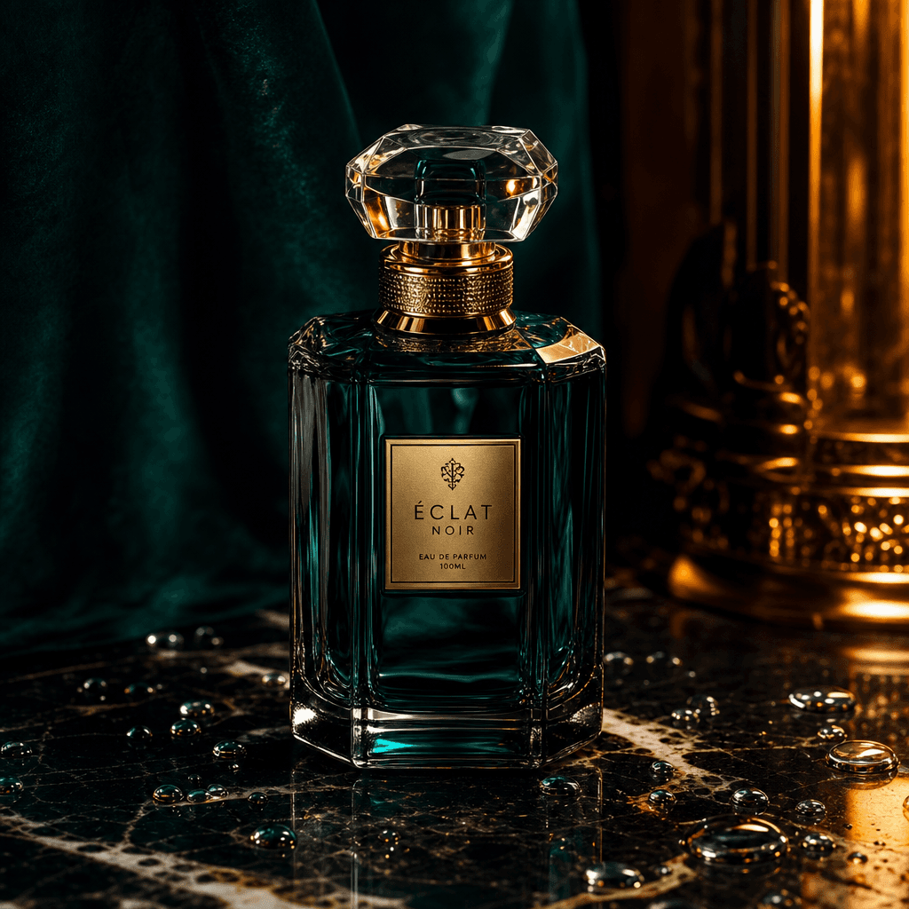 Luxury perfume bottle on dark wet marble surface with scattered water droplets around the base. Deep jewel-toned backgro