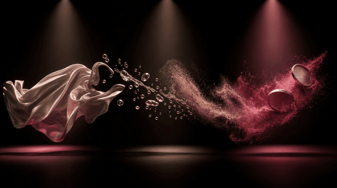 A flowing sequence of silk, suspended droplets, and cosmetic powder moving through three pools of directional light, vis