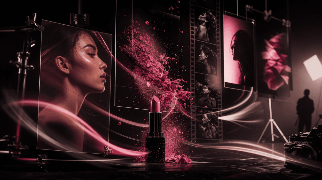 Cinematic creative studio scene connecting beauty stills and motion through suspended cosmetic pigment, a sleek lipstick