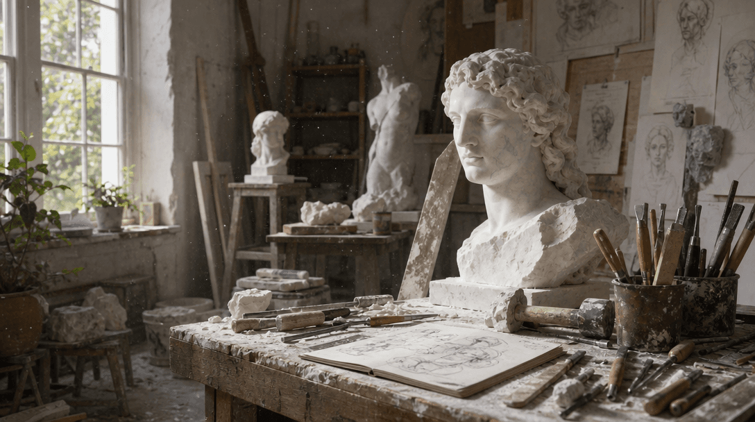 Artist's studio with marble dust particles, sculpting tools arranged, creative workspace atmosphere, natural light, crea