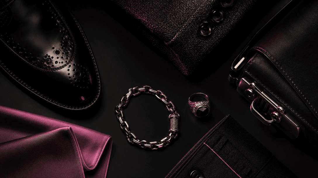 Macro fashion details arranged across a dark matte surface: polished shoe leather, woven jacket fabric, metal jewelry, a
