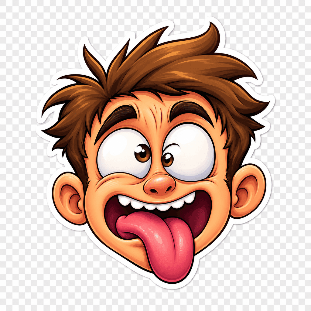 Individual funny face sticker with exaggerated expression, cartoon-style rendering, transparent background, vibrant colo