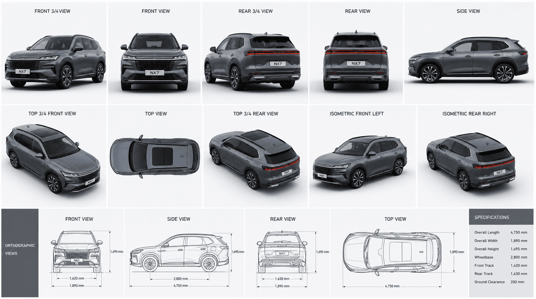 Multi-angle product visualization grid showing same car from different perspectives, isometric and orthographic technica