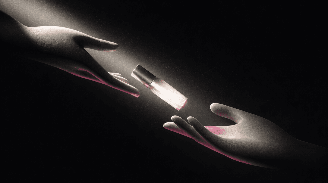 Two abstract sculptural hands passing a luminous product-shaped object through a narrow beam of light, dark editorial st