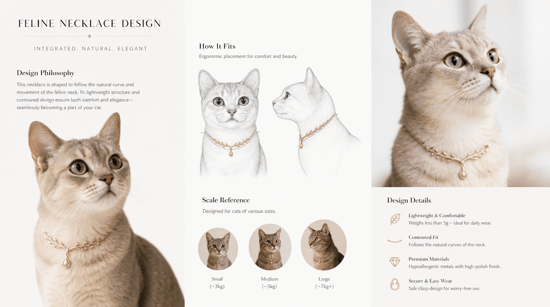 Jewelry integrating naturally onto pet anatomy, scaling and positioning visualization, realistic placement demonstration
