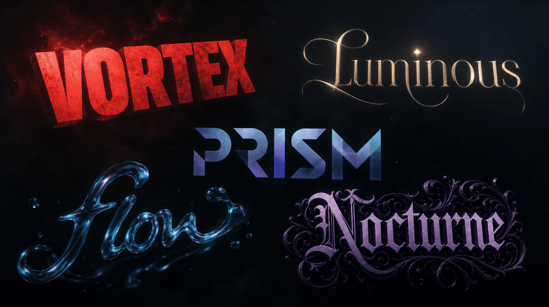 Abstract composition of 5 different typography styles floating in dark space, each with distinct font weight and color p