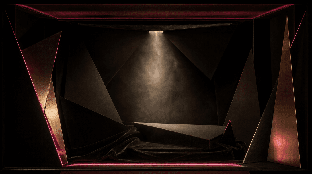 An abstract theatrical box interior built from black velvet, folded matte paper, and narrow metallic panels, illuminated