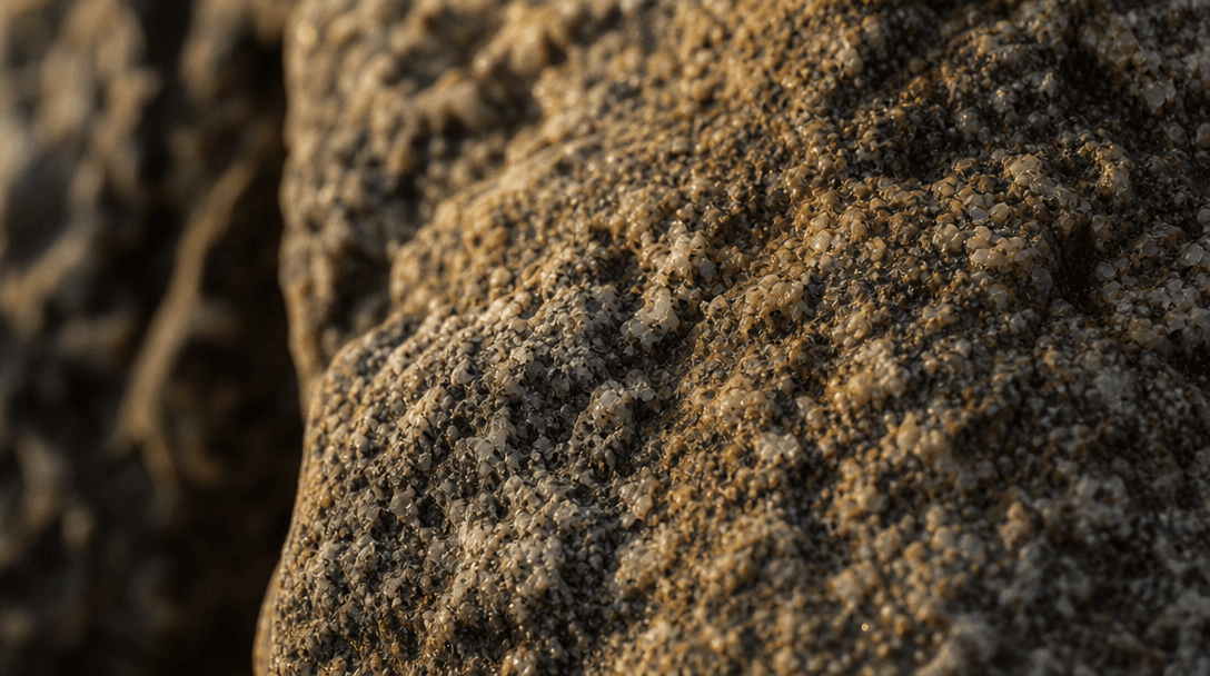 Extreme macro close-up of rough coastal granite stone surface bathed in warm natural sunlight, revealing ultra-granular 