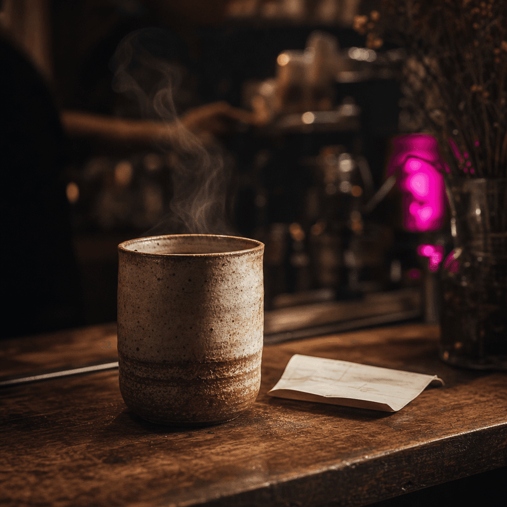A handcrafted ceramic cup on a cafe counter beside soft morning steam and a folded receipt with no readable text, warm h