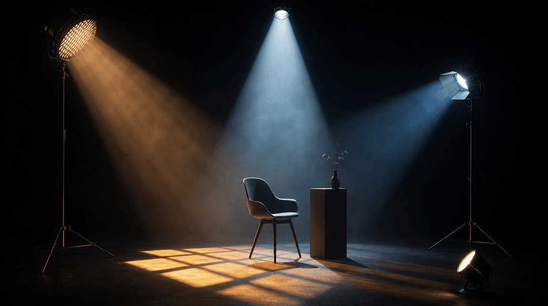Studio lighting setup visualization over dark background, warm and cool light rays creating cinematic atmospheric mood. 