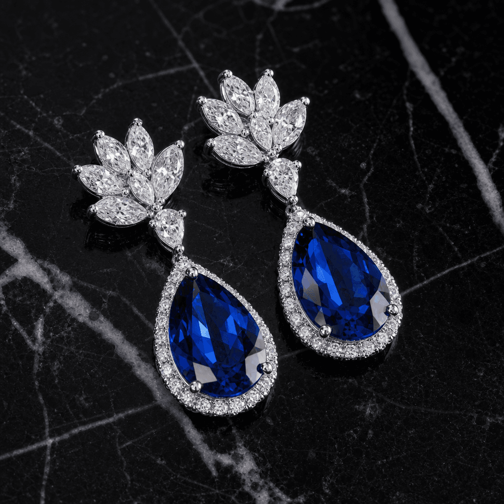 Pair of sapphire and diamond drop earrings laid flat on polished black marble, directional side-light creating hard spec