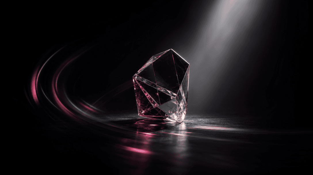 A focused cone of studio light illuminating a faceted glass object while the surrounding set disappears into near-black 