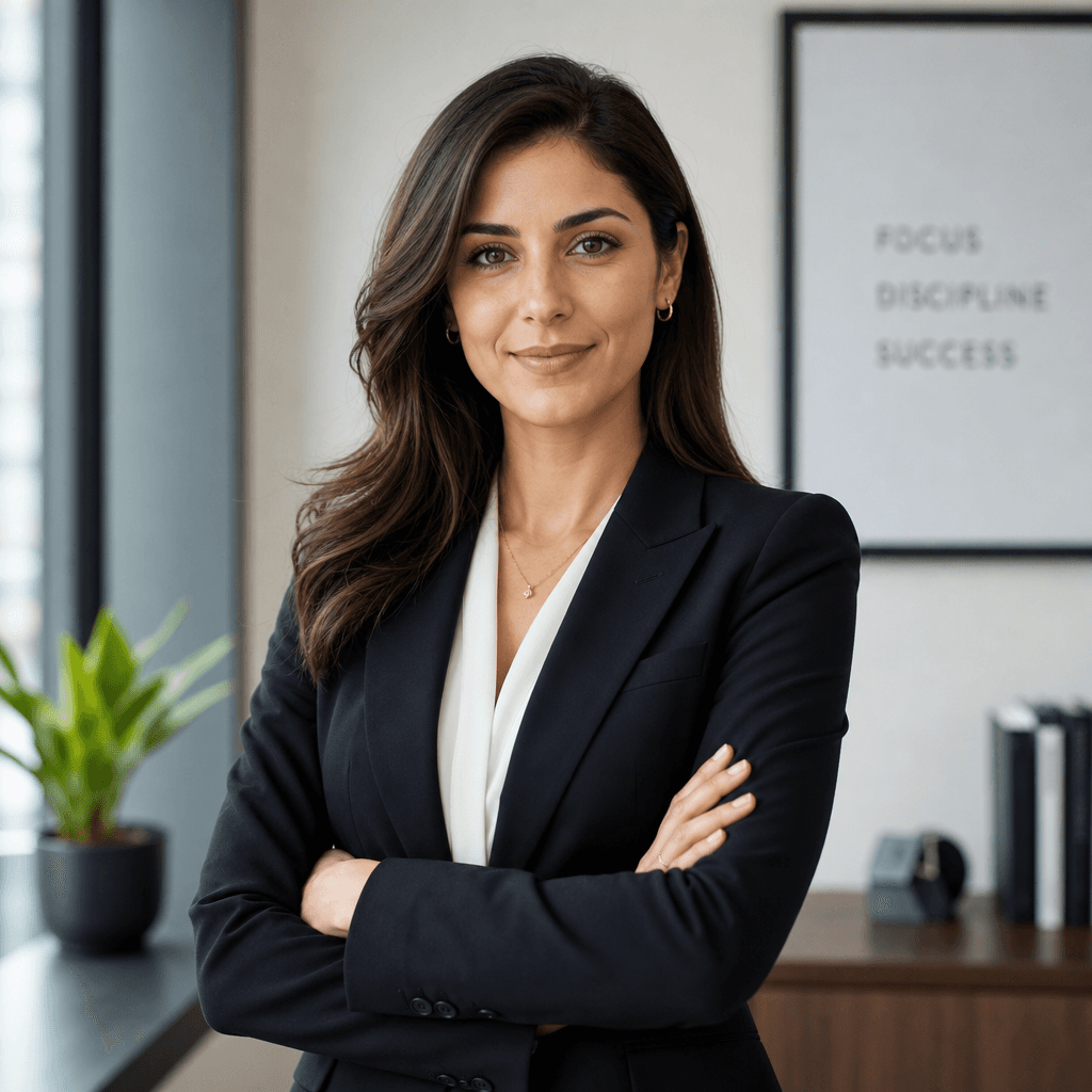 A high-quality business portrait of a confident woman in a tailored suit, set against a minimalist office background. Th