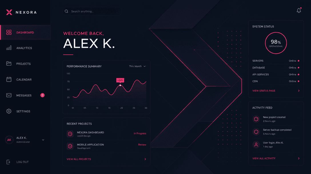 Digital modern interface concept. Abstract geometric patterns, hot pink accent lines on very dark background. Clean sans
