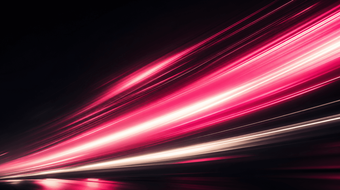 Scroll-stopping motion blur of brand color light streaks across a deep dark canvas, hot pink and off-white light trails 