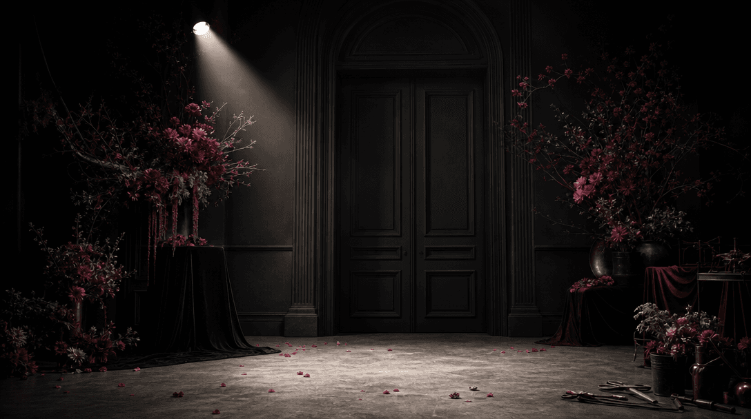 An empty cinematic floral set prepared for a luxury campaign: a monumental charcoal door, stone floor, a single spotligh