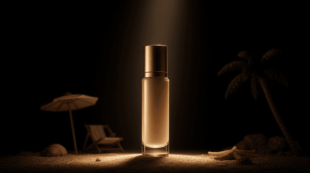 A single cosmetic bottle isolated by a narrow warm spotlight while miniature beach props recede softly into shadow. Clea