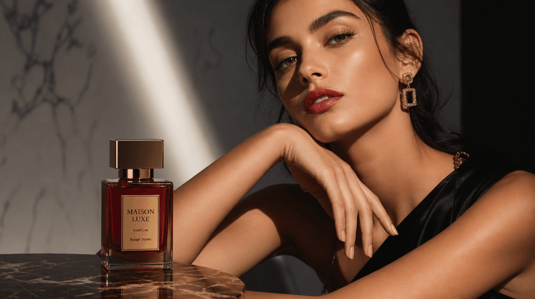 High-fashion product photography with model interaction. Dramatic professional lighting emphasizing both product and ele